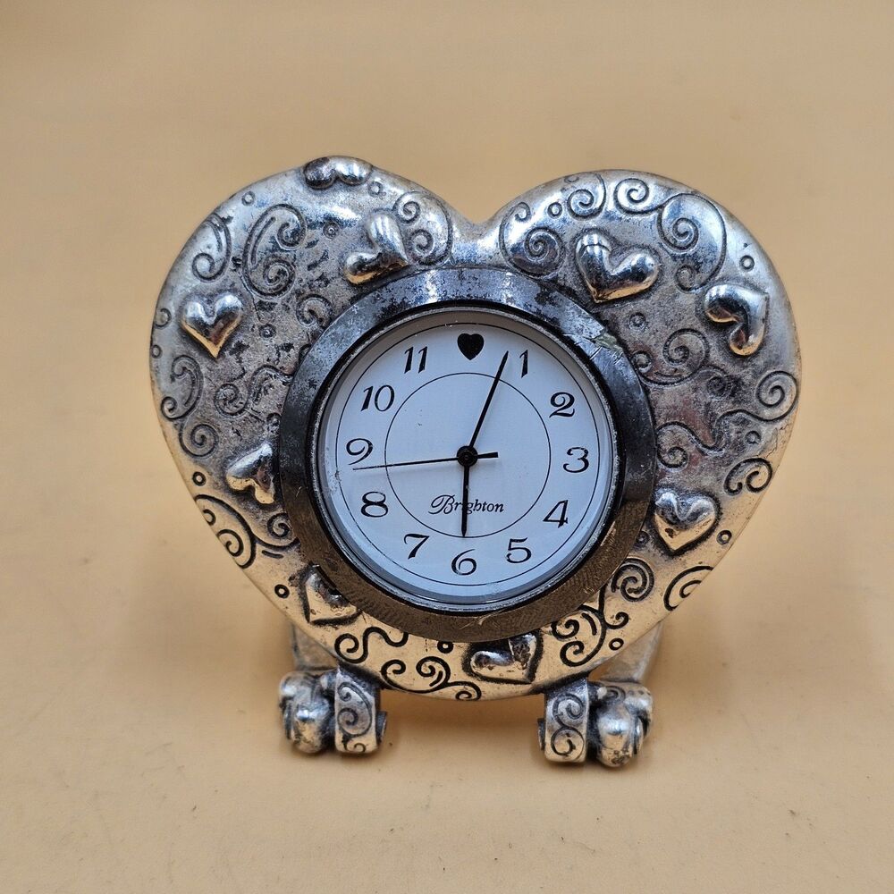 Brighton Heart Shaped Foldable Silver Plated Desk Clock New Battery Runs Great
